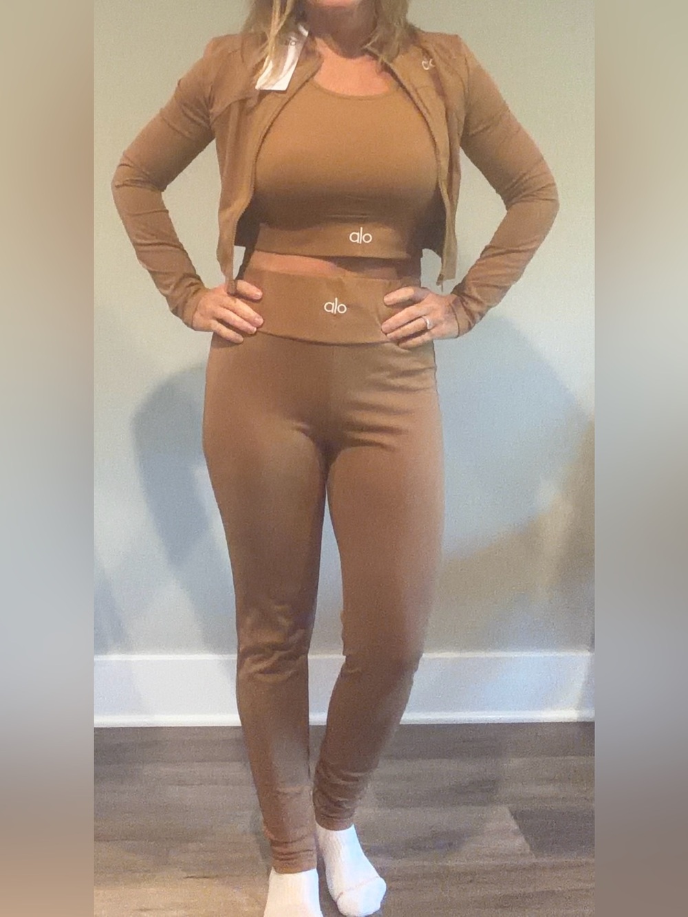 ALO Yoga High-Rise Leggings, Tank Top, and Crop Jacket in Warm Brown Medium